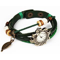 Beautiful Bohemian Style Retro Handmade Leather Tree Leaf Women\'s Watches-green