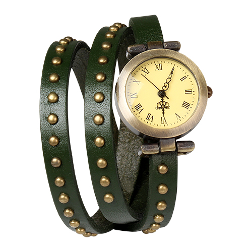 Fashionable Rivet Leather Belt Retro Watch Hand Chain-green