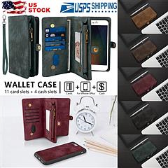 Phone Wallet Case For iPhone 8 Plus Portable Wallet Case 2 in 1 Leather Zipper Magnetic Detachable 15 Card Slots Money Pocket Clutch Cover W/ID Widows