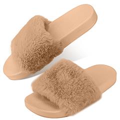 Women Faux Fur Slippers Open Toe Indoor Outdoor Flat Slide Sandals Anti-skid Lady House Shoes