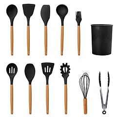 11Pcs Silicone Cooking Utensil Set Heat Resist Wooden Handle Silicone Spatula Turner Ladle Spaghetti Server Tongs Spoon Egg Whish Kitchenware Set w/ H