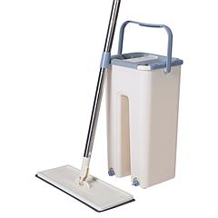 Flat Floor Mop Bucket Set Self Cleaning Wet Dry Usage with 2Pcs Reusable Microfiber Mop Pads