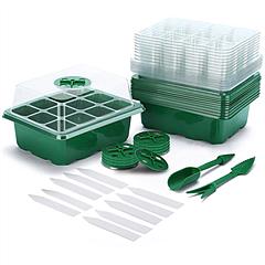 10Pcs Seed Starter Tray Kit Reusable Overall 120Cells Seeding Propagator Station Greenhouse Growing Germination Tray with Humidity Dome Label 2Pcs Gar