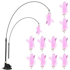 Cat Feather Toys Wand Rod Interactive Cat Spring Bell Play Toys with 12Pcs Feather Replacements Suction Cup Base for Cats Kitten