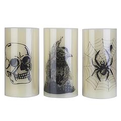 3 Pack Halloween Flameless Candle Lamp with Timer Setting Battery Operated Warm Orange Light Candles for Halloween Party Decoration Spider Crow Skull