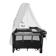 6 In 1 Foldable Baby Crib with Activity Center Diaper Changing Table Mosquito Net Mattress Music Box Toys Storage Tray Baby Bassinet Baby Sleeper