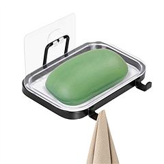 Soap Dish Soap Bar Holder Square Soap Rack Wall Mounted S Bar Shower Bathroom Self with 2 Hooks Clear Trays