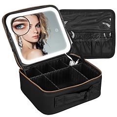 Travel Makeup Bag with LED Mirror Makeup Case Organizer with 3 Light Colors Adjustable Dividers Brush Holder Magnifying Mirror Dimmable USB Rechargeab