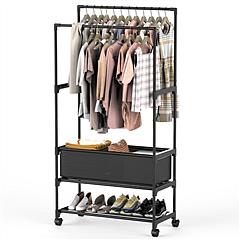 Double Rods Garment Rack with Storage Bag Portable Clothing Rack with Shelves Lockable Wheels Small Portable Closet Storage Bag Height Adjustable