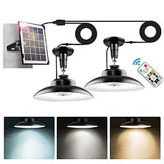 2Pack Solar Shed Lights with Separate Panel Wall Mounted Solar Pendant Light Indoor Outdoor with Remote Timer 3 Modes 3 Light Colors IP 55 Waterproof 