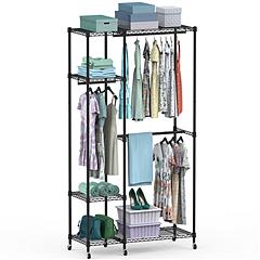 4 Tier Heavy Duty Garment Rack with Wheels Carbon Steel Clothing Rack Portable Wardrobe Clothes Rack with 3 Hanging Rods 6 Footrests 44.9x17.13x77.95i