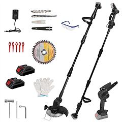 3-in-1 Cordless Electric Pole Saw & Mini Chainsaw & Grass Trimmer Kit with Adjustable Length 2Pcs 21V 1500mAh Batteries 4in/6in Chains Saw Blade 5Pcs 