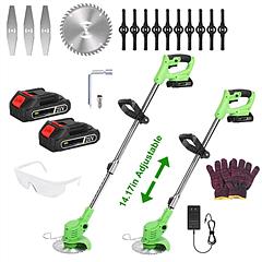 21V 300W Cordless Grass Trimmer Rechargeable Lawn Mower 18000M/Min Weed Cutter with Saw Blade 2 Stainless Steel Blades 10 Plastic Blades 2 Rechargeabl