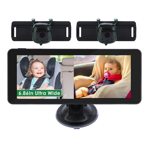 1080P Baby Car Camera for 2 Kids Dual Channel Car Baby Monitor Rear Facing Car Seat Camera with 120°Wide View 6.86In HD Split Screen Night Vision