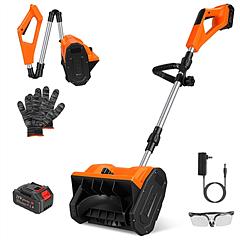 500W 21V 11In Cordless Snow Shovel Foldable Battery Powered Snow Thrower with ±45° Directional Plates Rechargeable Battery Gloves Goggles for Patio Dr