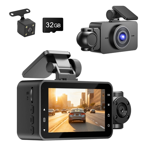 WiFi FHD 1080P 3 Channel Car Dash Cam Front Rear Inside With 32G MMC Card Motion Detection Loop Recording Infrared Night Vision Surveillance Car Camer