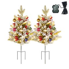 2Pcs Battery Powered Lighted Christmas Tree Urn Filler With Light Artificial Xmas Trees Light with Berries Balls LED Pathway Pine Tree IP44 Waterproof