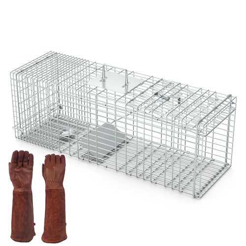 Humane Cat Trap Cage With Gloves Catch Release Live Animal Rodent Cage Collapsible Galvanized Wire for Raccoons Beavers Groundhogs Foxes Armadillos