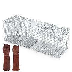 Humane Cat Trap Cage With Gloves Catch Release Live Animal Rodent Cage Collapsible Galvanized Wire for Raccoons Beavers Groundhogs Foxes Armadillos
