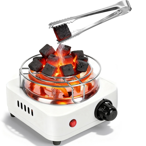 Electric Charcoal Burner 500W Hookah Charcoal Burner Compact Coal Burner for Hooka Cubes Shisha with Grill and Tongs 5 Temperature Gears 338℉-1022℉ Th