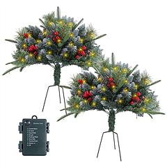 2Pcs Christmas Tree Urn Filler With Light Artificial Lighted Xmas Trees Light with Cones Berries Holiday Planter Filler LED Pathway Pine Tree IP44 Wat
