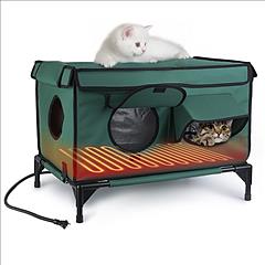 Waterproof Heated Cat House Outdoor Weatherproof Insulated Kitty Shelter Feral Cat Heating Bed with Heating Pad Anti-Chew Cord 2 Doors 3 Windows for I