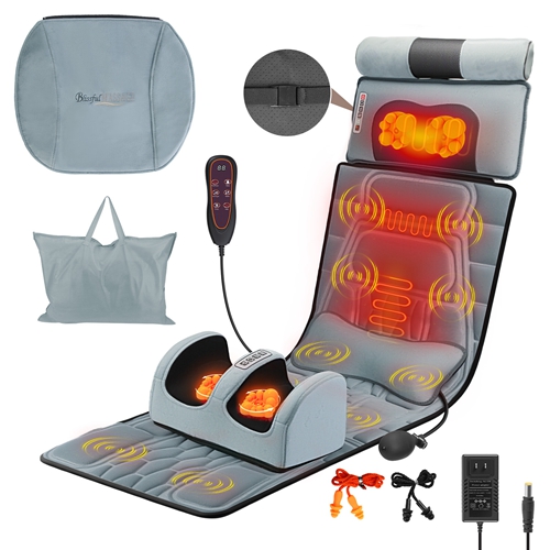 Flannel Full Body Massage Mat Multifunctional Massage Chair Pad with Heat Timer Shiatsu Neck Foot Massager Lumbar Pillow Carry Bag Earplugs Anti-Slip 