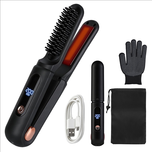 2 In 1 Ceramic Hair Straightener Flat Iron Cordless Hair Straightener Brush Hair Portable Styling Iron with Carry Bag Anti-scald Gloves 2 Hairpins