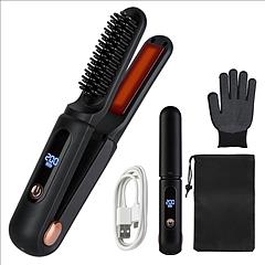 2 In 1 Ceramic Hair Straightener Flat Iron Cordless Hair Straightener Brush Hair Portable Styling Iron with Carry Bag Anti-scald Gloves 2 Hairpins