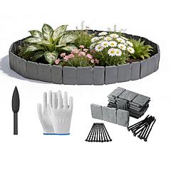 16FT Non-Digging Plastic Landscape Edging 20Pcs Faux Cobbled Stone Garden Borders with 20 Spikes Shovel Gloves Flexible Bendable for Flower Beds Pathw