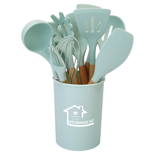 11Pcs Silicone Cooking Utensil Set Heat Resist Wooden Handle Silicone Spatula Turner Ladle Spaghetti Server Tongs Spoon Egg Whish Kitchenware Set w/ H