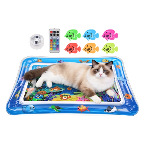 Cat Water Mat Interactive Sensory Play Mat with Floating Fish Toys LED Color Changing Light Thickened PVC for Indoor Cats Kittens Pet Enrichment