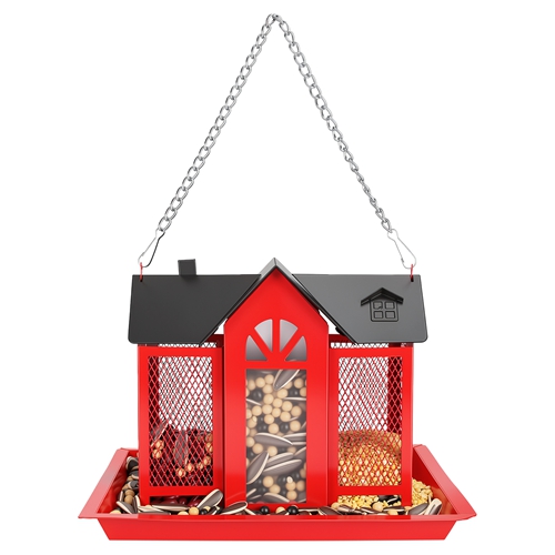 Metal Hanging Bird Feeder House Classic Barn Bird Feeder House Iron Hanging Outdoor Feeder with Visible Window and Lift Top Lid 15.75in Hanging Length