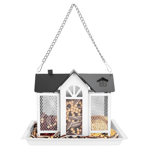 Metal Hanging Bird Feeder House Classic Barn Bird Feeder House Iron Hanging Outdoor Feeder with Visible Window and Lift Top Lid 15.75in Hanging Length