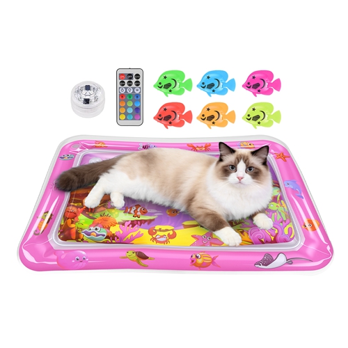 Cat Water Mat Interactive Sensory Play Mat with Floating Fish Toys LED Color Changing Light Thickened PVC for Indoor Cats Kittens Pet Enrichment