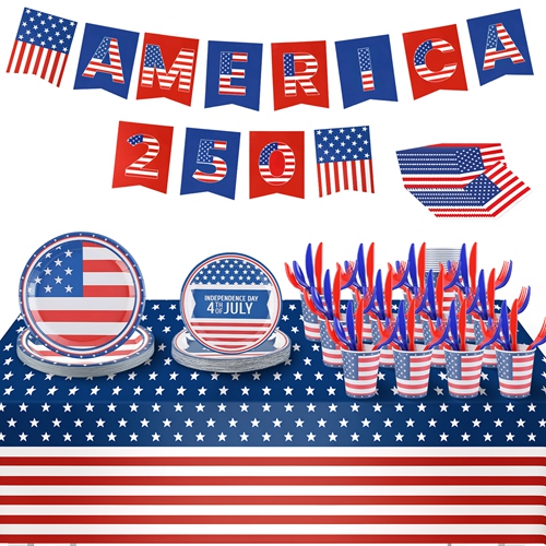 181Pcs 4th of July 250th Anniversary Party Supplies Set Independence Day Red White Blue Disposable Tableware with Plates Cups Cutlery Napkins Banner T