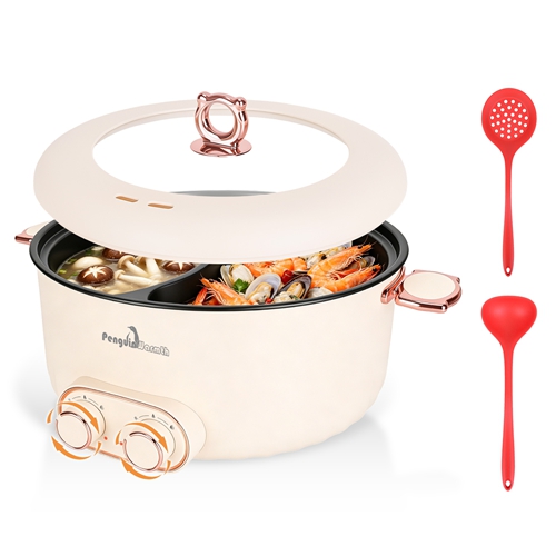 6L/1.59Gal Electric Hot Pot with Divider and Lid 2000W Stainless Steel with 2 Heat Settings Independent Control Overheat Protection Ladle & Slotted Sp