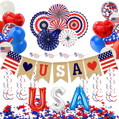 4th of July Decorations Set,Patriotic Party Supplies with USA Foil Balloons Paper Fans Confetti Balloons Hanging Streamers Star Confetti Flags for Ind