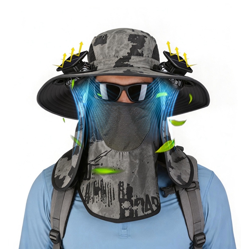 2 In 1 Solar Fan Hat UPF50+ Sun Hat With Fans Wide Brim Fishing Hat with Face Cover Neck Flap Solar USB Charging for Hiking Gardening Outdoor Work