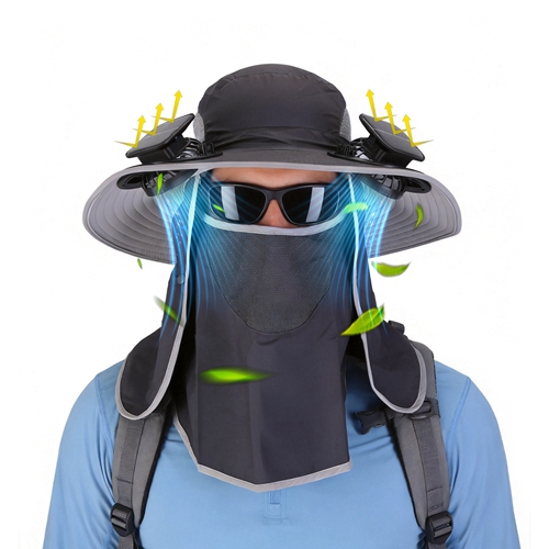 2 In 1 Solar Fan Hat UPF50+ Sun Hat With Fans Wide Brim Fishing Hat with Face Cover Neck Flap Solar USB Charging for Hiking Gardening Outdoor Work