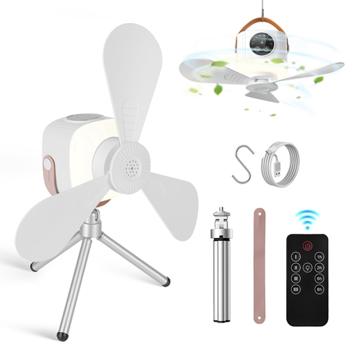 Tent Ceiling Fan with Light Tripod Stand 7200mah Rechargeable Battery Operated Hanging Canopy Fan with Remote Control 4 Wind Speeds 3 Brightness