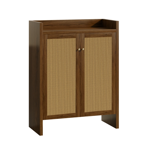 42.5" Tall Rattan Shoe Cabinet with Doors, 6-Tier Wooden Freestanding Shoe Storage Organizer with Adjustable Shelves, Mid-Century Entryway Shoe Cabine