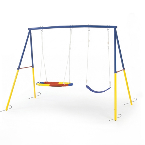Swing Set for Backyard, 330lbs Swing Set with Heavy-Duty A-Frame Metal Outdoor Swing Stand, 1 Saucer Swing Seat & 1 Belt Swings Seat