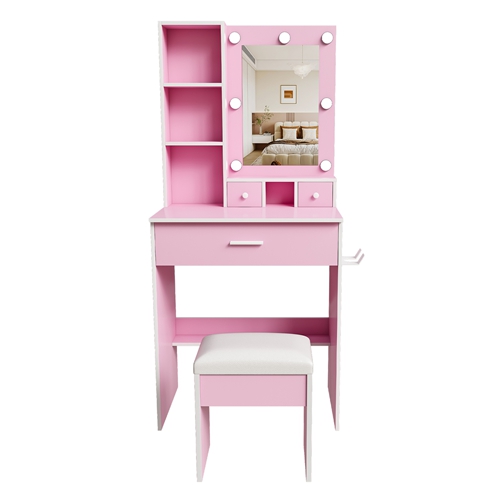 Vanity Desk Set with LED Lighted Mirror, Padded Stool, Power Outlet & Hair Dryer Holder, Compact Makeup Vanity for Small Bedroom