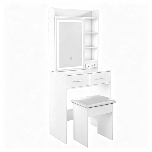 Vanity Desk Set with LED Lighted Mirror, Power Outlet & Hair Dryer Holder, Compact Makeup Vanity with Padded Stool for Small Bedrooms