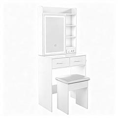 Vanity Desk Set with LED Lighted Mirror, Power Outlet & Hair Dryer Holder, Compact Makeup Vanity with Padded Stool for Small Bedrooms