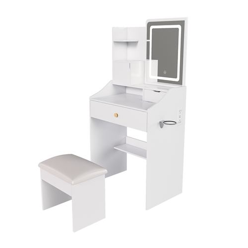 Contemporary White Vanity Desk Set with 3-Color LED Lighted Mirror, Built-in Power Station & Padded Storage Stool, Compact Makeup Dressing Table for B