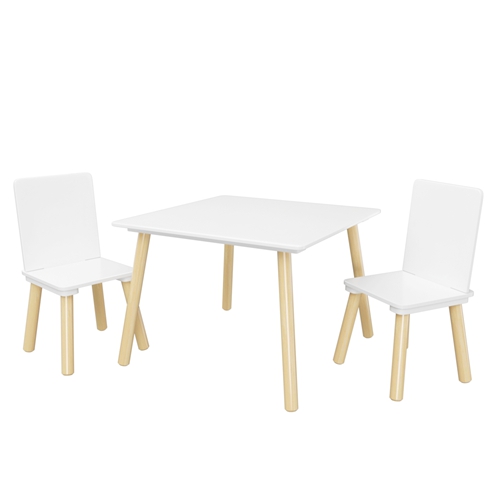 3-Piece Kids Wooden Table and Chair Set, Plain White Toddler Activity Play Table with 2 Chairs, Solid Wood & MDF Children Furniture for Playroom, Nurs