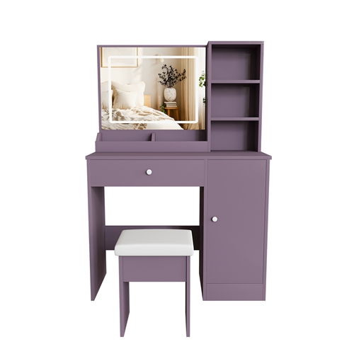 Purple Vanity Desk Set with LED Strip Lighted Mirror & Padded Stool, Modern Makeup Vanity with 3 Color Modes, Bedroom Dressing Table Combo