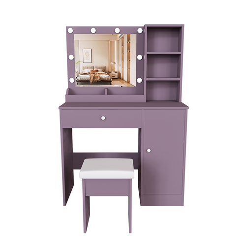Purple Vanity Desk Set with Lighted Mirror & Padded Stool, Modern Makeup Vanity with 3 Color Modes & Round Bulbs, Bedroom Dressing Table Combo